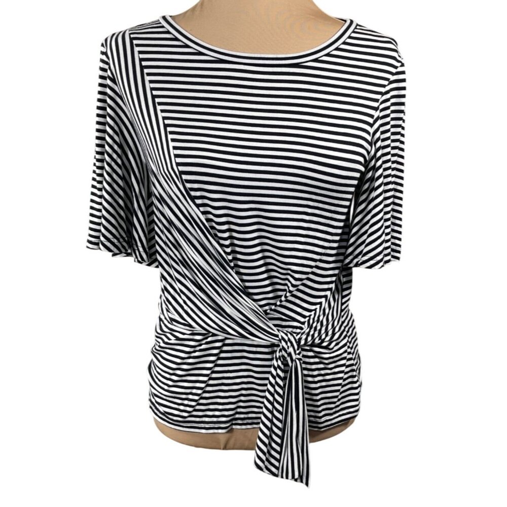 Joseph Ribcoff Side Tie Top Black White Stripe Size 2 Flutter Sleeve